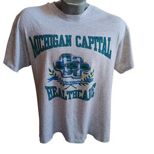 Vtg Single Stitch Michigan Capital Healthcare Hanes Heavyweight Gray T-Shirt L